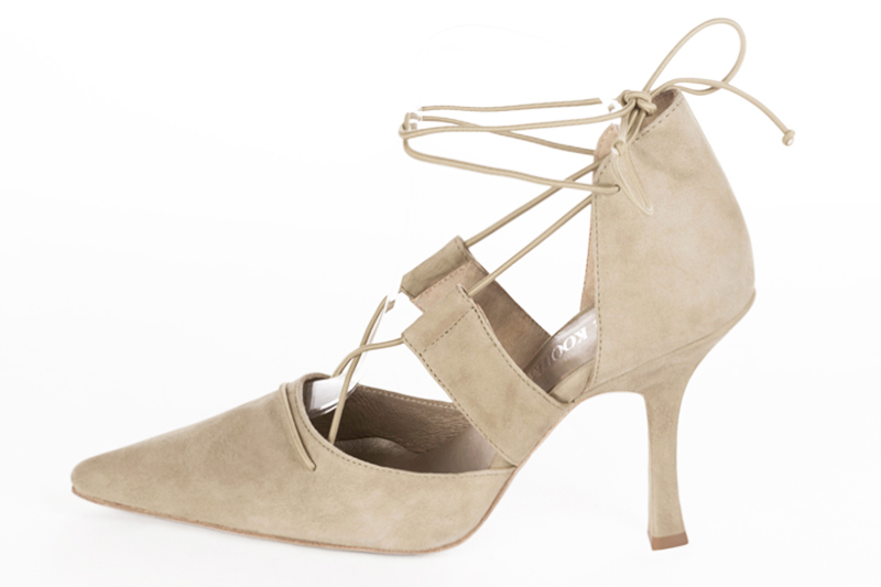 Champagne beige women's open side shoes, with lace straps. Tapered toe. Very high spool heels. Profile view - Florence KOOIJMAN